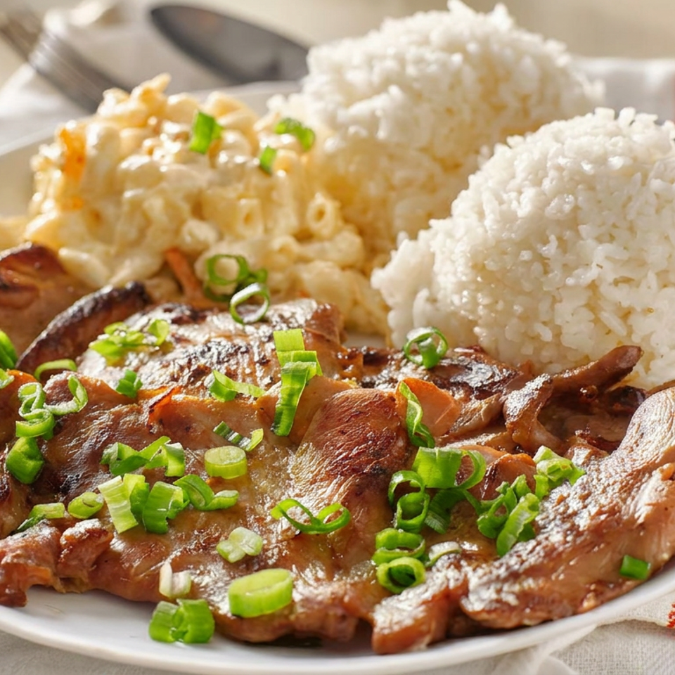 Grilled glazed meat topped with green onions, served with white rice, macaroni salad, and dipping sauce on a plate.