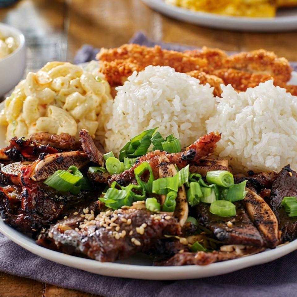 Plate of grilled meats, white rice, macaroni salad, and fried shrimp garnished with green onions on a wooden table.