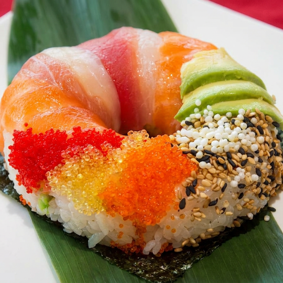 Colorful sushi rice ring topped with salmon, avocado, fish roe, sesame seeds, and nori on a white plate.