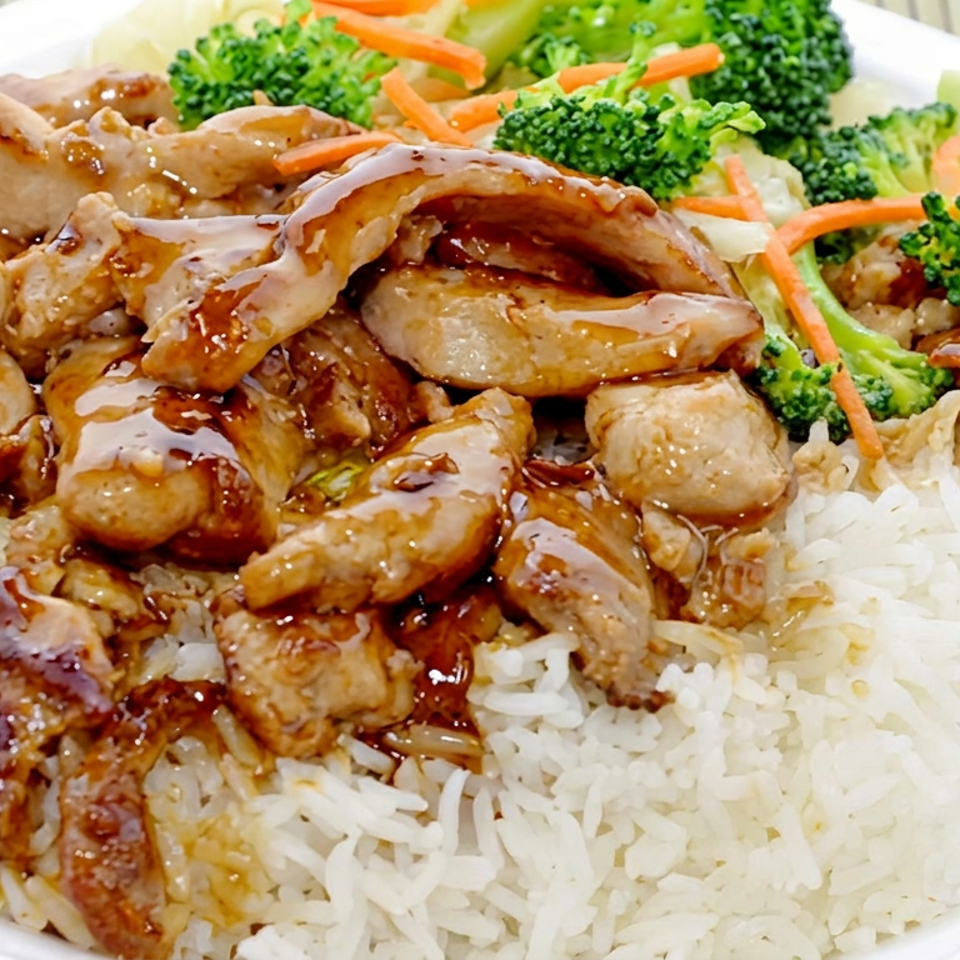 Teriyaki-glazed sliced chicken served over white rice with steamed broccoli, carrots, and onions on a white plate.