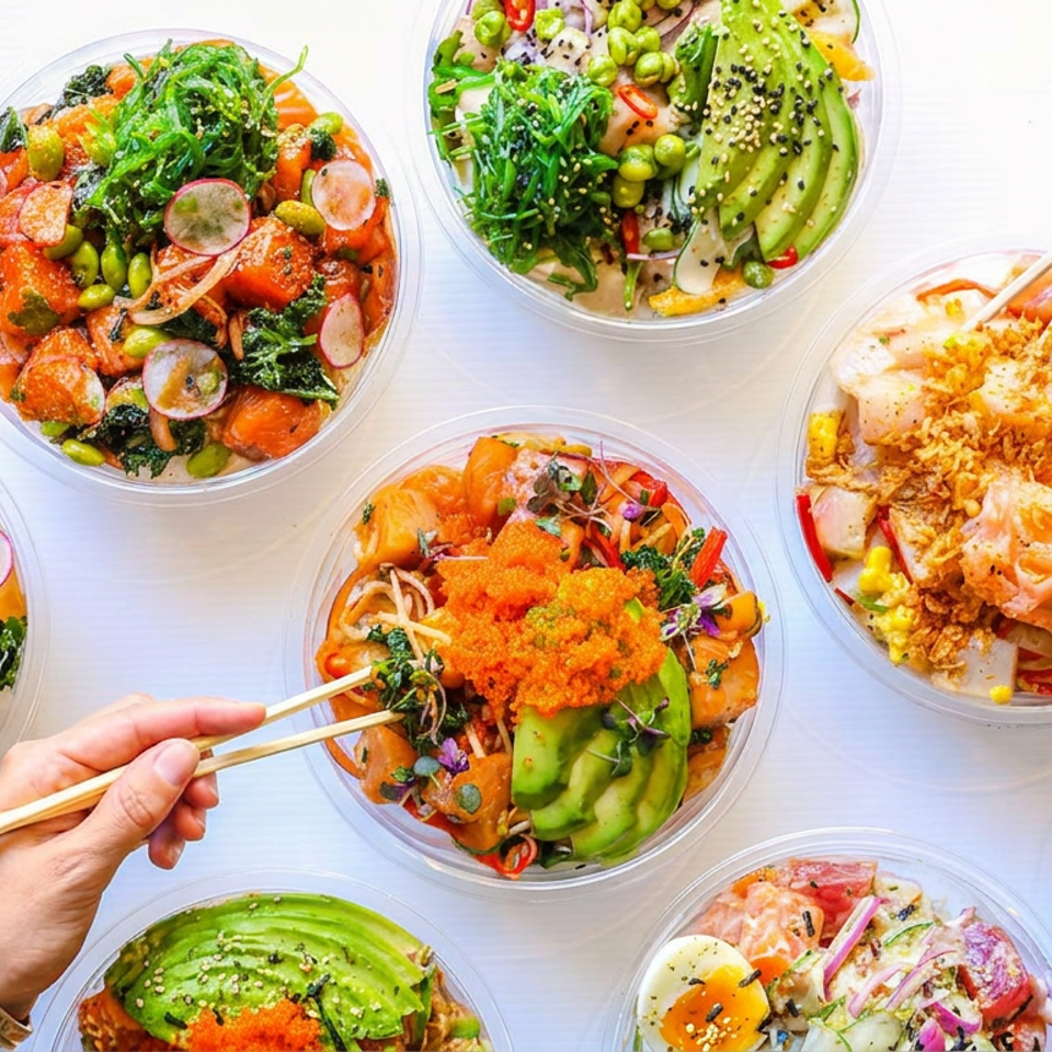 Overhead spread of colorful poke bowls topped with salmon, avocado, vegetables, seaweed, sesame, and crispy garnishes, with chopsticks reaching in.