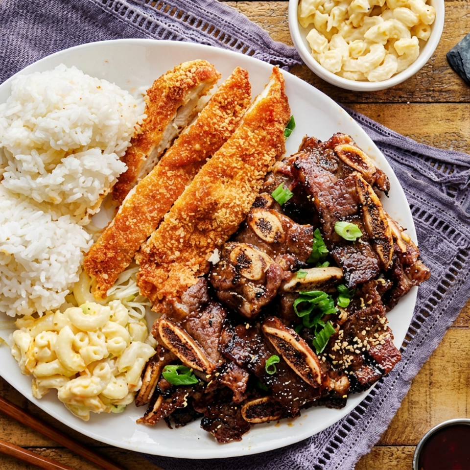 Korean-inspired platter with rice, crispy chicken strips, glazed beef ribs, macaroni and cheese, and omelet on a rustic wooden table.