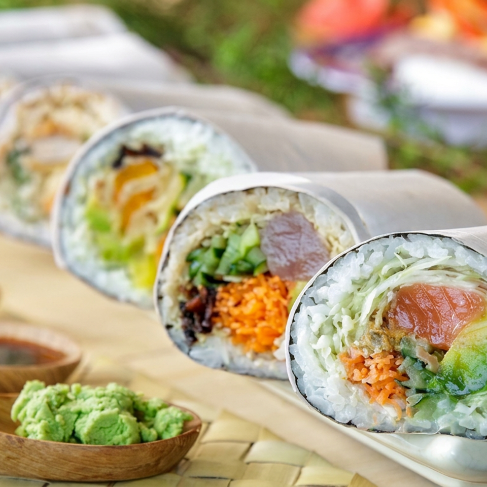 Close-up of assorted sushi burritos filled with rice, salmon, vegetables, and colorful toppings on a plate with wasabi and ginger.