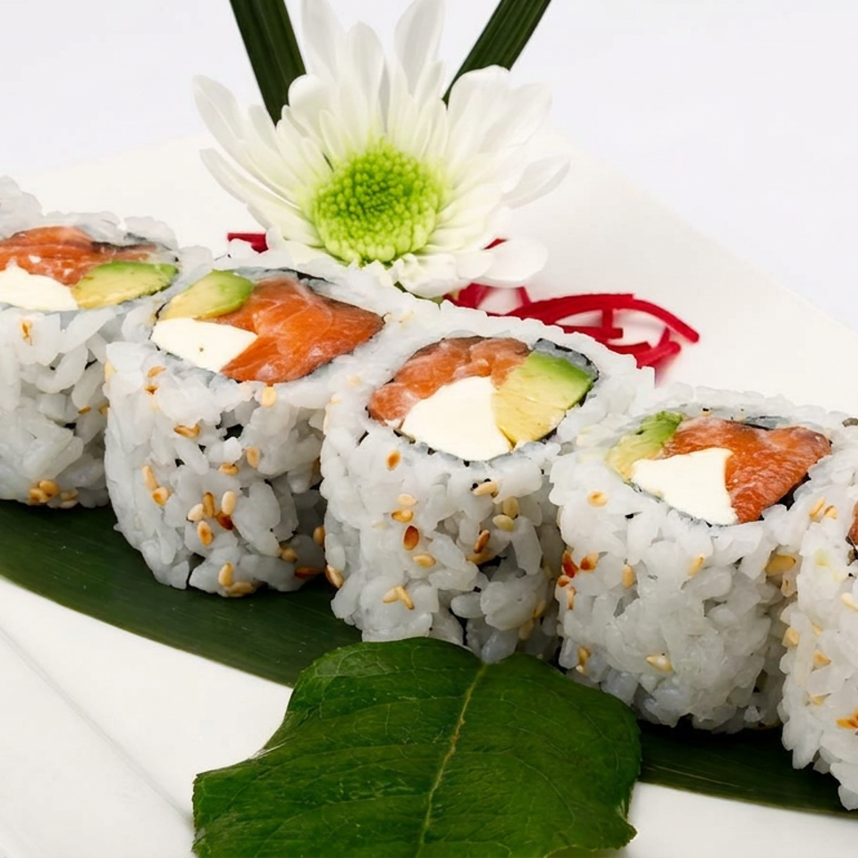 Six sesame-coated sushi rolls filled with salmon, avocado, and cream cheese arranged on a banana leaf with a white flower garnish.