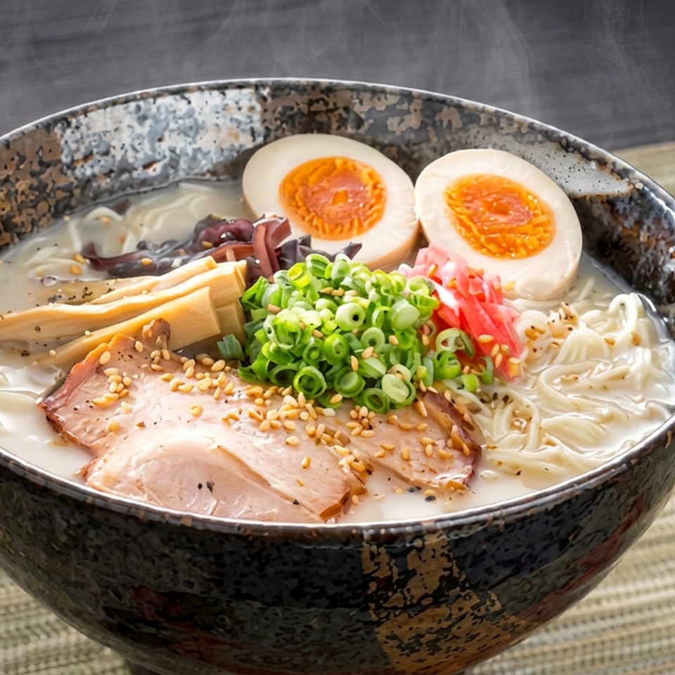 Steaming bowl of ramen with noodles, sliced pork, boiled eggs, bamboo shoots, mushrooms, green onions, and sesame seeds.